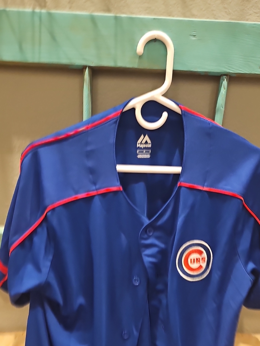 Majestic Blue Chicago Cubs Button-Front Baseball Jersey with Red Trim